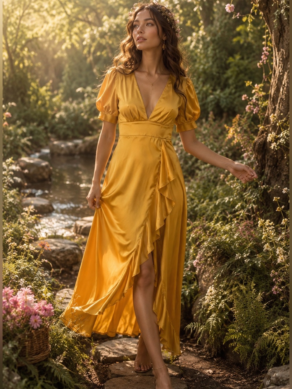 PrettyLittleThing Satin Frill Maxi Dress | Puff Sleeve Dress |Elegant Wrap Style
